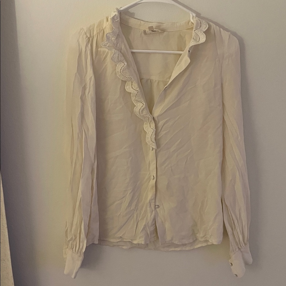 Sezane Cream Blouse with Lace Trim